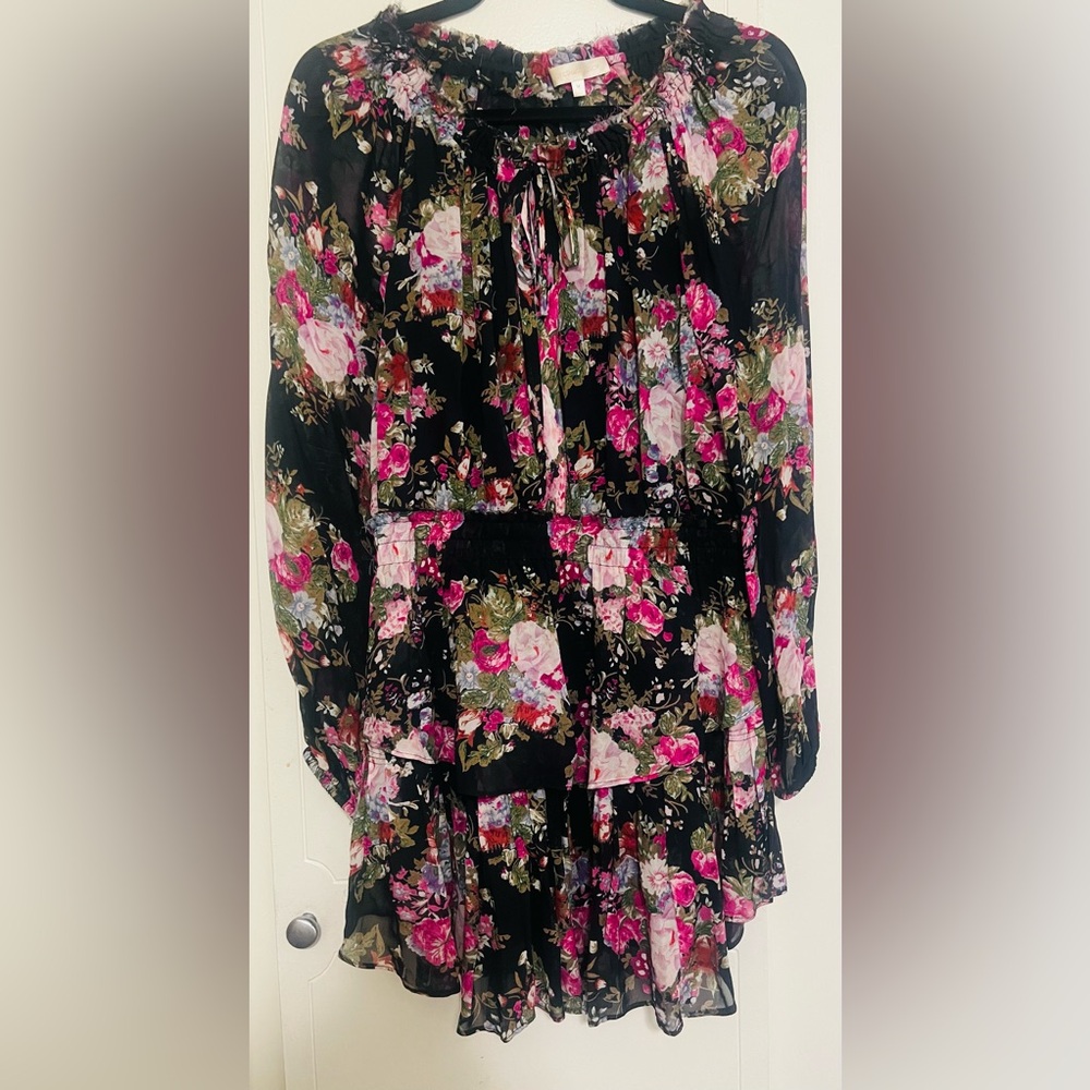 LOVE SHACK FANCY Floral Black and Pink Popover mini Dress